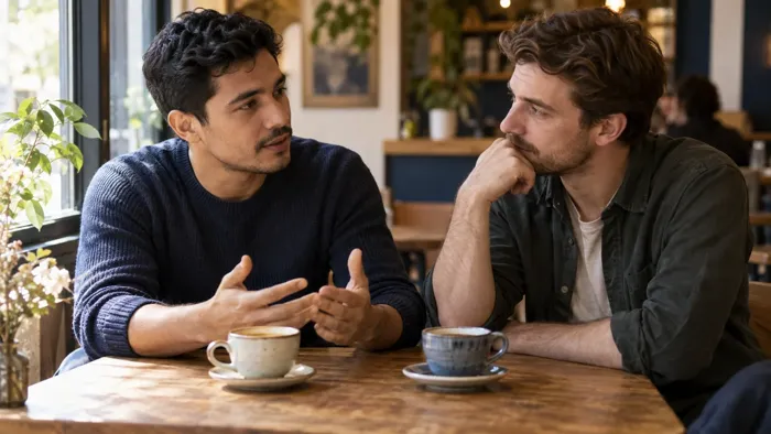 Two friends talking in a café